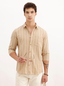 WROGN - Mens Stripes Beige Full Sleeves Casual Shirt