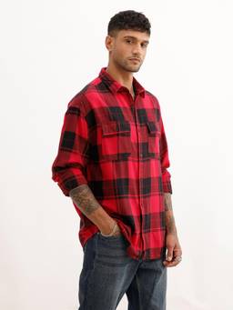 WROGN - Mens Checks Red Full Sleeves Casual Shirt