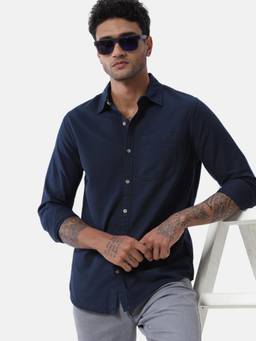 WROGN - Mens Oxford Solid Navy Blue Full Sleeves Casual Shirt