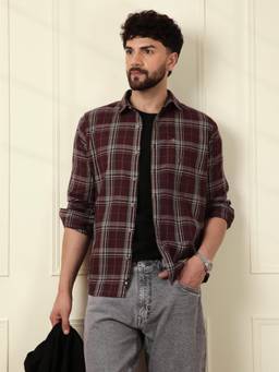 WROGN - Mens Checks Maroon Full Sleeves Casual Shirt