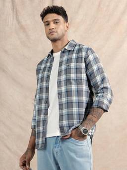 WROGN - Mens Checks Grey Full Sleeves Casual Shirt