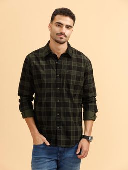 WROGN - Mens Checks Olive Full Sleeves Casual Shirt