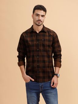 WROGN - Mens Checks Brown Full Sleeves Casual Shirt