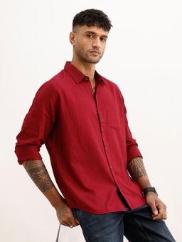 WROGN - Mens Solid Maroon Full Sleeves Casual Shirt