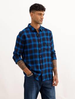 WROGN - Mens Checks Blue Full Sleeves Casual Shirt