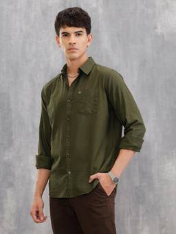 WROGN - Mens Solid Olive Full Sleeves Casual Shirt