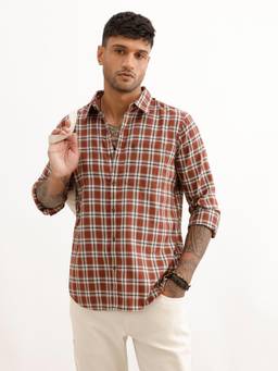 WROGN - Mens Checks Brown Full Sleeves Casual Shirt