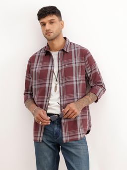 WROGN - Mens Checks Maroon Full Sleeves Casual Shirt