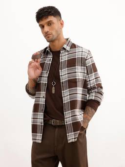 WROGN - Mens Checks Brown Full Sleeves Casual Shirt