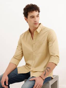 WROGN - Mens Solid Khaki Full Sleeves Casual Shirt
