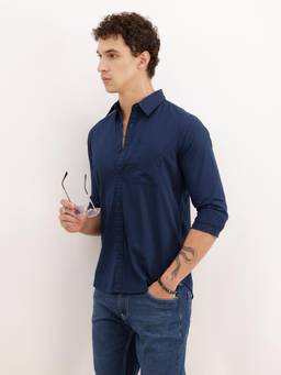 WROGN - Mens Solid Navy Blue Full Sleeves Casual Shirt