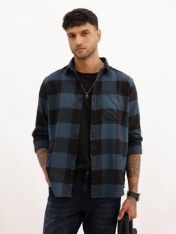 WROGN - Mens Checks Blue Full Sleeves Casual Shirt