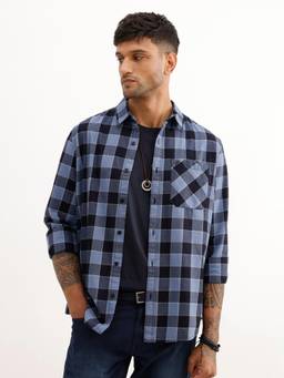 WROGN - Mens Checks Navy Blue Full Sleeves Casual Shirt