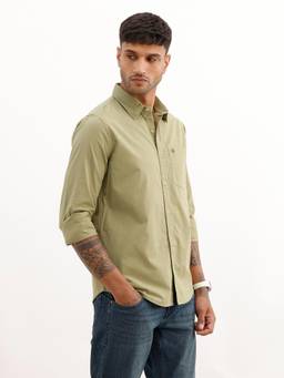 WROGN - Mens Solid Green Full Sleeves Casual Shirt