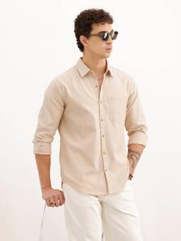 WROGN - Mens Solid Beige Full Sleeves Casual Shirt