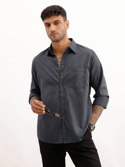 WROGN - Mens Solid Grey Full Sleeves Casual Shirt