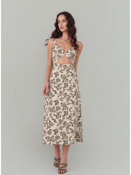 Twenty Dresses by Nykaa Fashion - Womens Beige Floral Print Sleeveless Midi Dress