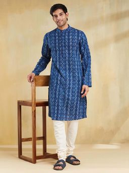 Fabindia - Navy Blue Cotton Dobby Printed Slim Fit Long Kurta