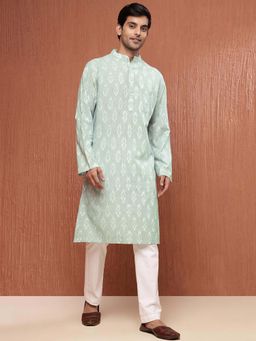 Fabindia - Green Cotton Ikat Slim Fit Long Kurta