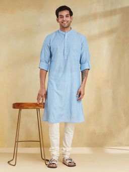 Fabindia - Blue Cotton Dobby Slim Fit Long Kurta