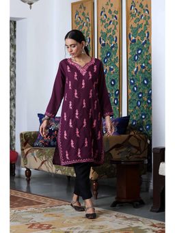 House of Chikankari - Purple Crafts Aari Embroidered Long Kurta
