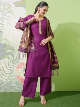 VISHUDH - Women Purple Woven Kurta with Palazzo & Dupatta (Set of 3)