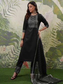 VISHUDH - Women Black Printed Kurta with Pant & Dupatta (Set of 3)