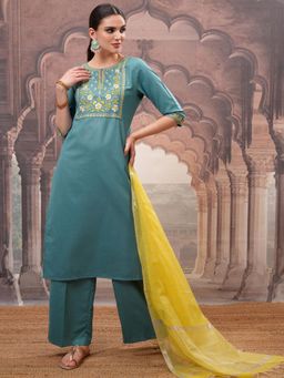 VISHUDH - Women Teal Floral Kurta with Palazzo & Dupatta (Set of 3)