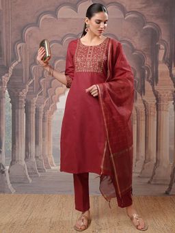 VISHUDH - Women Red Embroidered Kurta with Pant & Dupatta (Set of 3)