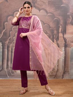 VISHUDH - Women Purple Embroidered Kurta with Pant & Dupatta (Set of 3)