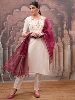VISHUDH - Women Beige Embroidered Kurta with Pant & Dupatta (Set of 3)