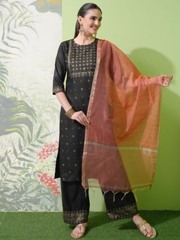 VISHUDH - Women Black Printed Kurta with Pant & Dupatta (Set of 3)