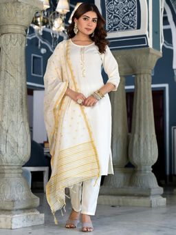 VISHUDH - Women Off White Woven Kurta with Pant & Dupatta (Set of 3)