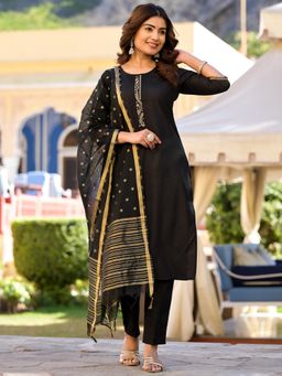 VISHUDH - Women Black Woven Kurta with Pant & Dupatta (Set of 3)