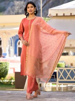 VISHUDH - Women Orange Woven Kurta with Pant & Dupatta (Set of 3)