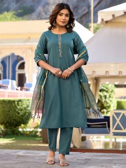 VISHUDH - Women Teal Woven Kurta with Pant & Dupatta (Set of 3)
