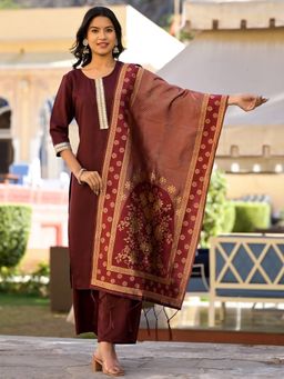 VISHUDH - Women Maroon Woven Kurta with Palazzo & Dupatta (Set of 3)