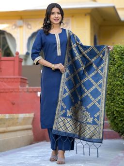 VISHUDH - Women Blue Woven Kurta with Palazzo & Dupatta (Set of 3)