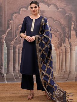 VISHUDH - Women Navy Blue Woven Kurta with Palazzo & Dupatta (Set of 3)