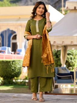 VISHUDH - Women Green Woven Kurta with Palazzo & Dupatta (Set of 3)