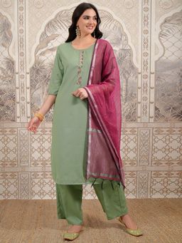 VISHUDH - Women Green Embroidered Kurta with Palazzo & Dupatta (Set of 3)