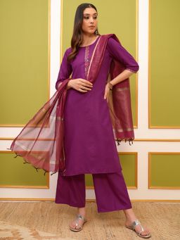 VISHUDH - Women Purple Embroidered Kurta with Palazzo & Dupatta (Set of 3)