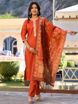 VISHUDH - Women Rust Woven Kurta with Pant & Dupatta (Set of 3)