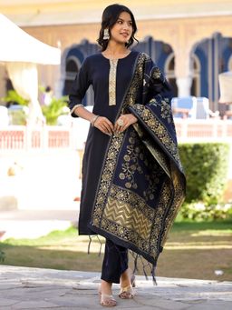 VISHUDH - Women Navy Blue Woven Kurta with Pant & Dupatta (Set of 3)