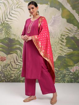 VISHUDH - Women Pink Woven Kurta with Palazzo & Dupatta (Set of 3)