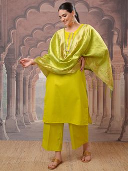 VISHUDH - Women Green Woven Kurta with Palazzo & Dupatta (Set of 3)