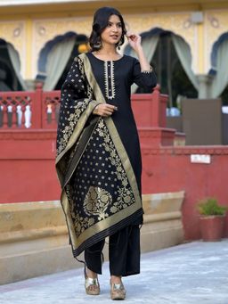VISHUDH - Women Black Woven Kurta with Palazzo & Dupatta (Set of 3)