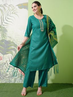 VISHUDH - Women Green Woven Kurta with Palazzo & Dupatta (Set of 3)