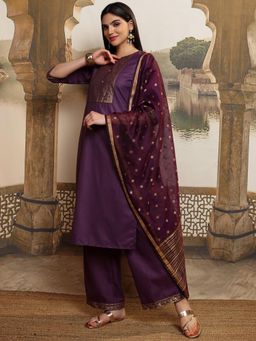 VISHUDH - Women Purple Printed Kurta with Palazzo & Dupatta (Set of 3)