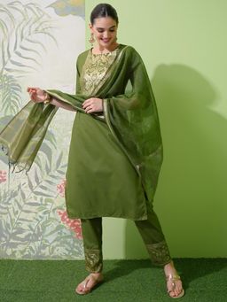 VISHUDH - Women Green Printed Kurta with Pant & Dupatta (Set of 3)